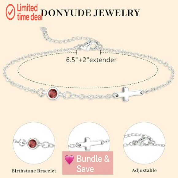 Adjustable Link Bracelet with Birthstone Cross Charm Stainless Steel - Picture 7 of 8